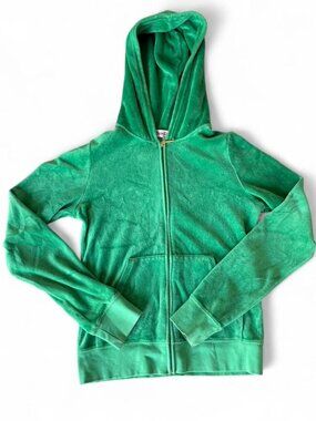 Green Velour Juicy Couture zip up hoodie with rhinestone design on back